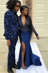 Long V-neck Appliques Lace Mermaid Prom Dress with Sleeves