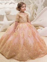 Long Ball Gown Floor Length Tulle Lace Jewel Neck Party Girl Dresses with Sleeves