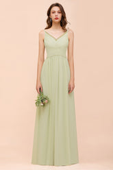 Long A-line V-neck Chiffon Sage Open Back Bridesmaid Dress