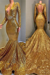 Gorgeous Mermaid Sequins Long Sleeves Floor Length Prom Dresses