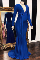 Long V-neck Mermaid Floor Length Evening Formal Dress with Sleeves