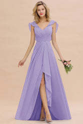 Simple High Low A-line V-Neck Ruffles Chiffon Lilac Bridesmaid Dress