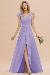 Simple High Low A-line V-Neck Ruffles Chiffon Lilac Bridesmaid Dress