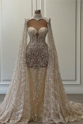 Long Mermaid Sweetheart Tulle Lace Wedding Dresses with Tulle Cape