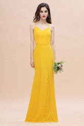 Bright Yellow Spaghetti Straps V-neck Floor Length Backless Bridesmaid Dress