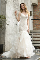 Ivory Long Mermaid Sweetheart Floral Lace Floor Length Wedding Dresses
