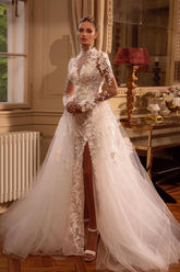 Elegant Long A-line High Neck Tulle Lace Backless Wedding Dress with Slit