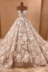 Flower Spaghetti Straps A Line Tulle Appliques Lace Long Wedding Dress