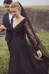 Black Long A line V-neck Backless Lace Wedding Dresses with Sleeves