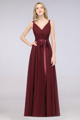 A-Line Chiffon Straps V-Neck Sleeveless Backless Floor Length Bridesmaid Dress with Ruffles