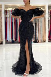 Long Mermaid Off the Shoulder Glitter Side Slit Black Prom Dress with Sleeves