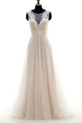 Long A-line Lace Tulle Floor Length Wedding Dress