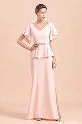 Glamorous V-Neck Beadings Satin Pink Mother of Bride Dresses