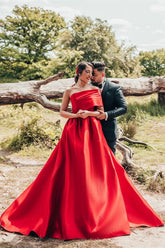 Beautiful Red Long A-line One Shoulder Satin Wedding Dresses