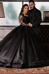 Vintage Long Ball Gown Satin Black Wedding Dress with Sleeves