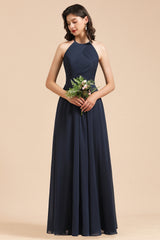 Long A-line Halter Chiffon Dark Navy Wedding Guest Dresses