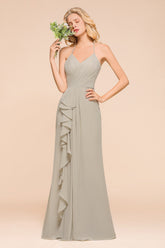 Stunning Halter V-neck Chiffon A-line Floor Length Bridesmaid Dress With Ruffles Embellishment