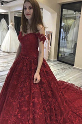 Burgundy Long A-line Off the Shoulder Lace Wedding Dresses