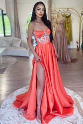 A-Line Strapless Long Satin Prom Dress with Slit