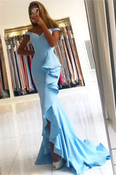Long Mermaid Off the Shoulder Satin Prom Dress with Slit