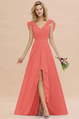 Simple High Low A-line V-Neck Ruffles Chiffon Watermelon Bridesmaid Dress