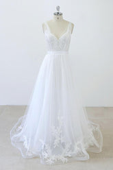 Long White V-neck Ruffle Applqiues Tulle A-line Wedding Dress
