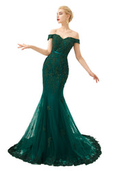 Elegant Dark Green Long Mermaid Off the Shoulder Tulle Lace Formal Evening Dresses