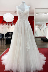 Elegant Long A-line Tulle V Neck Lace Ruffles Open Back Wedding Dresses