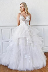 Modest Long A-line V-Neck Spaghetti Straps Tulle Lace Wedding Dresses