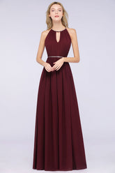 A-line Chiffon Halter Sleeveless Floor Length Bridesmaid Dress with Beading Sash