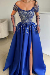 Royal Blue Long A-line Off the Shoulder Satin Formal Prom Dresses with Split Front