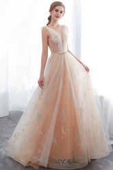 A-line Sleeveless Long Tulle Appliques Evening Dresses