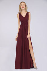 Classy Long Wide Straps V-neck A-Line Chiffon Ruffles Bridesmaid Dress With Side Slit