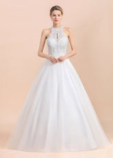 Long A-line Halter Tulle Lace Appliques Sleeveless Wedding Dresses