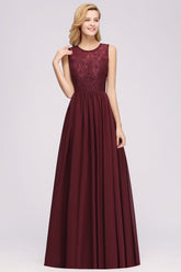 A-line Chiffon Lace Jewel Sleeveless Ruffles Floor Length Bridesmaid Dresses with Appliques