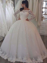 Elegant Long Ball Gown Bateau Lace Tulle Wedding Dresses with Sleeves
