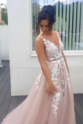 Long A-line V-neck Spaghetti Straps Backless Appliques Lace Tulle Prom Dress