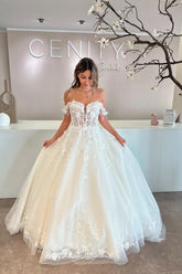 Long Backless Off The Shoulder Sweetheart A-Line Tulle Appliques Lace Wedding Dress