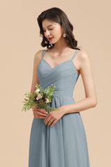 Long A-line V-Neck Chiffon Dusty Blue Wedding Guest Dress