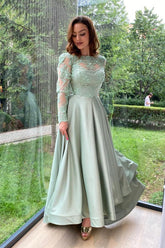 Crew Neck A-Line Long Sleeve Appliques Lace Satin Prom Dress with Slit