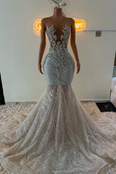 Mermaid Long V-neck Appliques Lace Tulle Prom Dress Beads