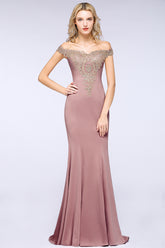 Charming Off the Shoulder Floor Length Mermaid Appliques Zipper Bridesmaid Dress