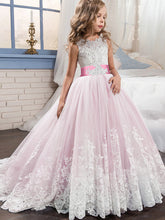 Long A-line Tulle Lace Sleeveless Jewel Neck Pageant Flower Girl Dresses