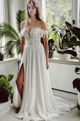 Long Off The Shoulder Open Back A Line Chiffon Wedding Dress