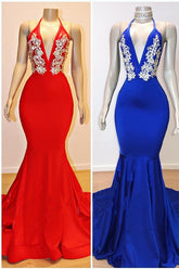Halter V-neck Mermaid Long Prom Dresses