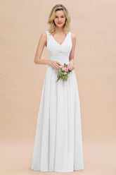 Elegant A-line V-Neck Ruffles Long Bridesmaid Dress