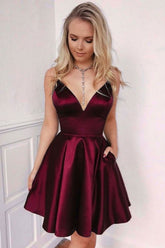 Short A-line Spaghetti Straps Satin Prom Homecoming Dress with Pockets
