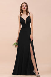 Elegant Black Spaghetti Straps Sweetheart Split Chiffon A-Line Bridesmaid Dress