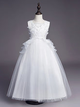 White Long A-line Tull Lace Sleeveless Jewel Neck Flower Girl Dresses
