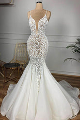 Gorgeous Long V-neck Beaded Lace Organza Mermaid Wedding Dress